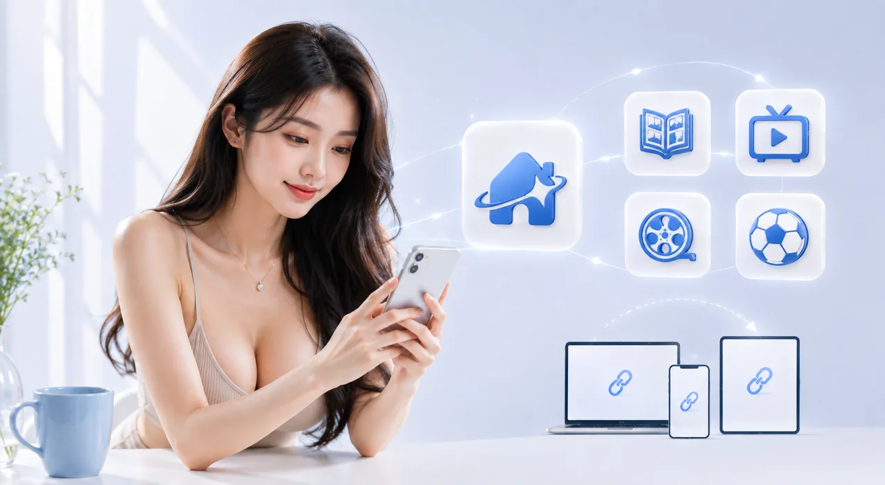 분야별 아이콘이 떠 있는 화면을 스마트폰으로 살펴보는 모습